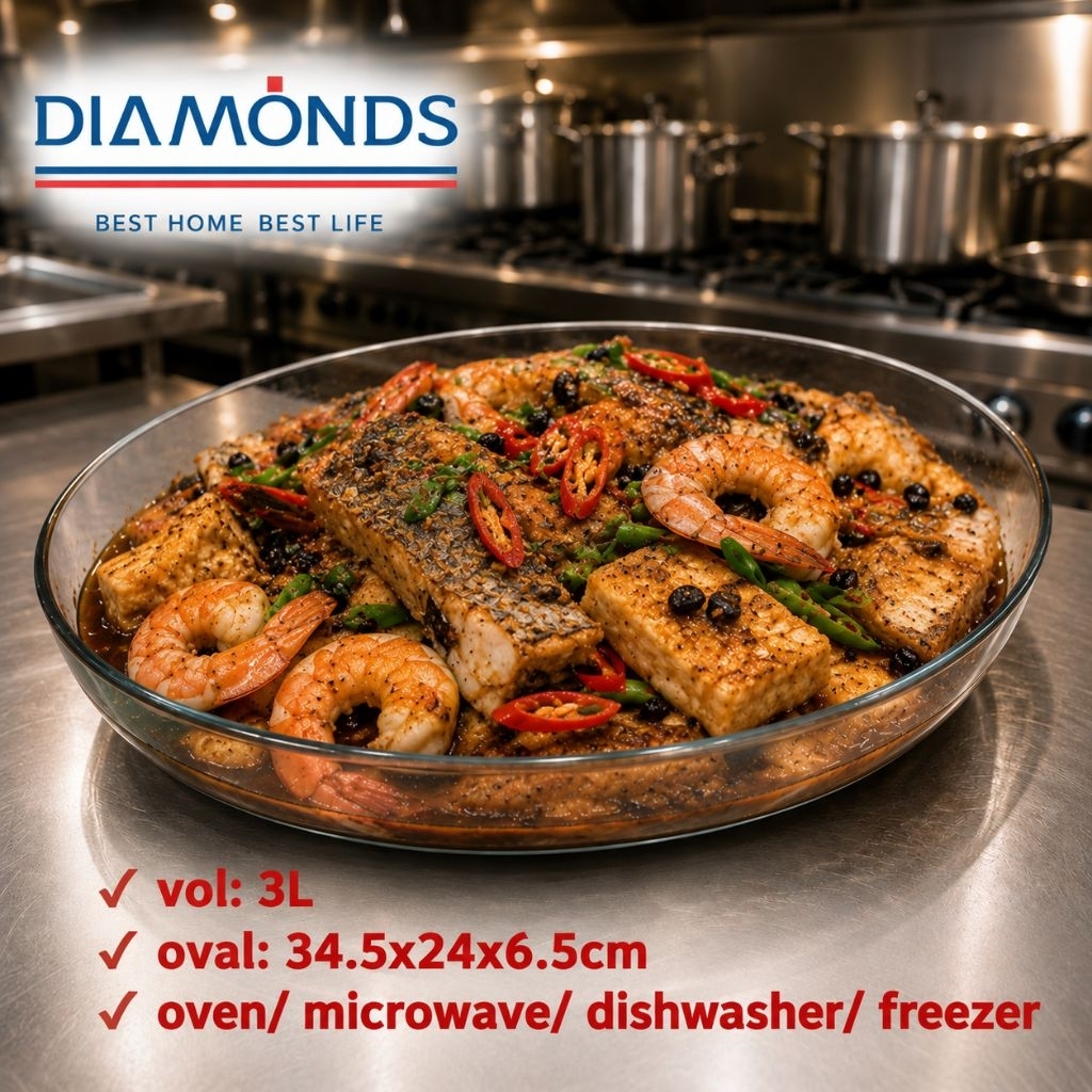 BAKING TRAY Loyang Kaca OVAL 3L/ Roaster Oven Microwave Loyang Kaca DIAMONDS OVAL 3L