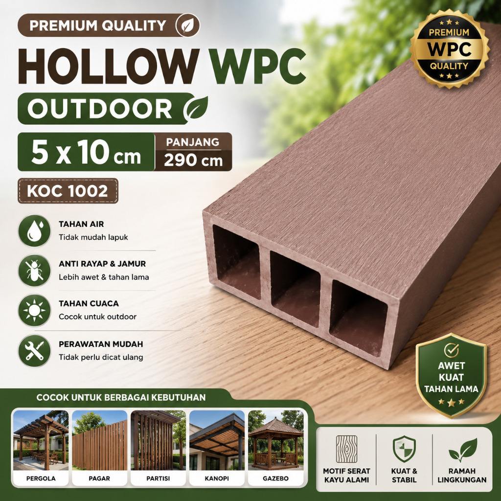Hollow WPC Outdoor 5x10 cm x 290 cm | Balok WPC Hollow Eksterior Anti Air Anti Rayap Premium