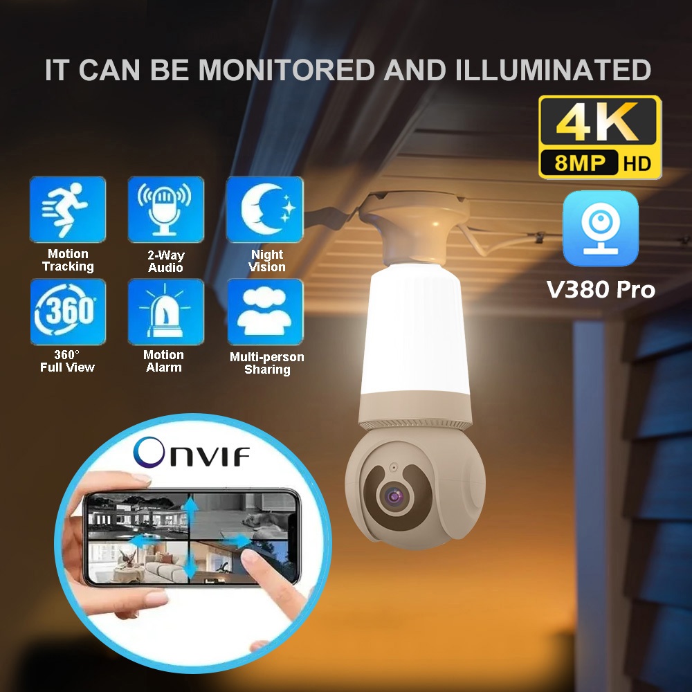 8MP CCTV Wifi IP E27 Lamp Bulb lampu Camera Night Vision Two Way Audio APP V380 PRO support onvif