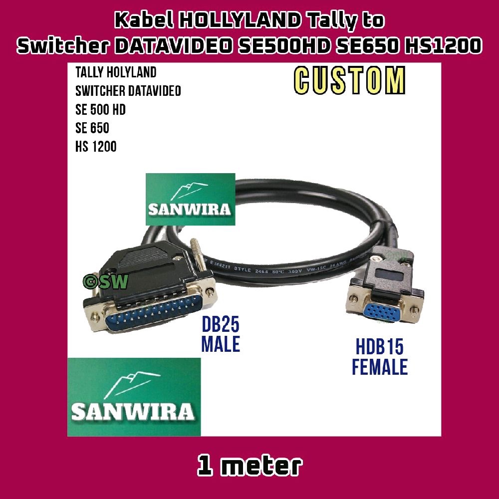 Kabel Hollyland Tally to Switcher Datavideo SE500HD SE650 HS1200 DB25 Male to HDB15 Female / Cable T