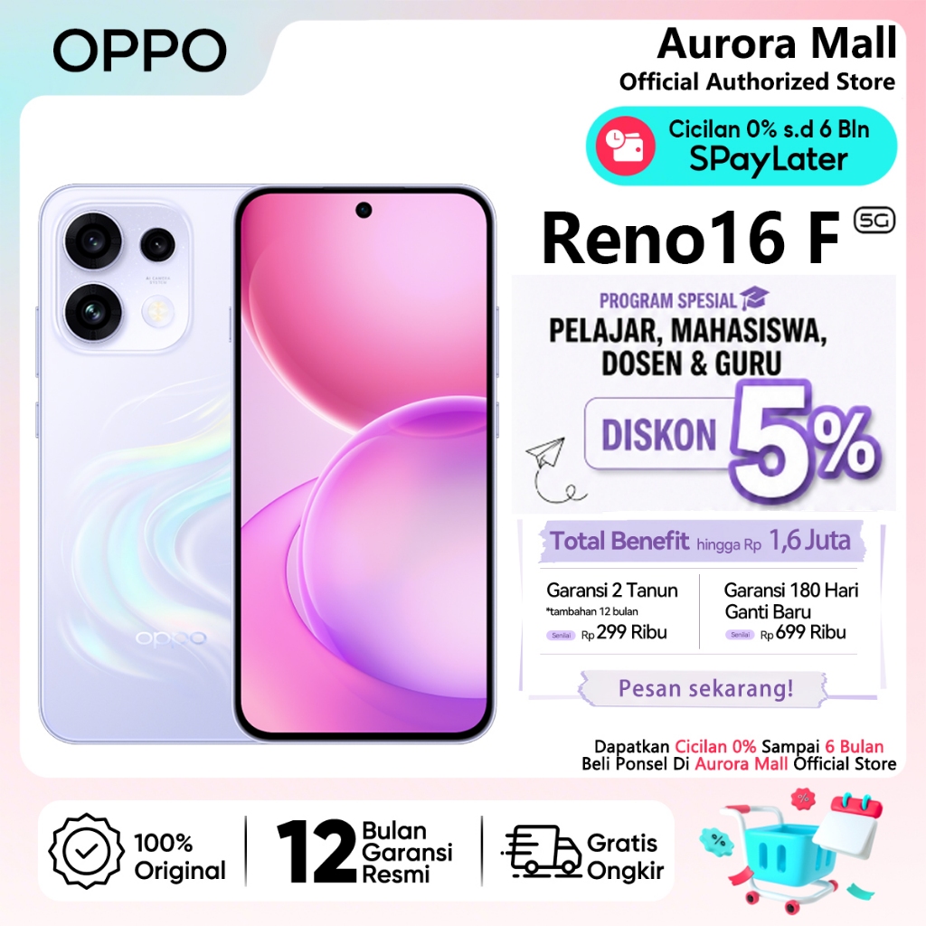OPPO Reno16 F 5G 8/128GB 8/256GB (8GB+8GB Extended RAM) NFC Official Store HP Terbaru 2026 Ori COD