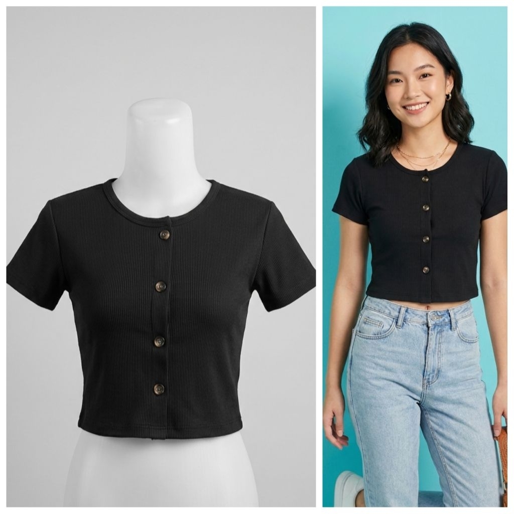 Atasan Crop Top Wanita Lengan Pendek Bahan Rib Hitam Variasi Kancing