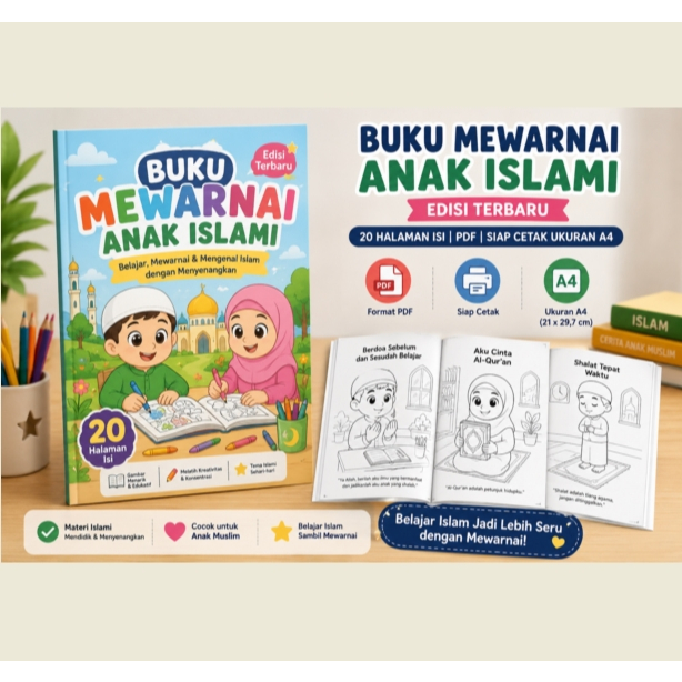 BUKU LEMBAR MEWARNAI ANAK ISLAMI | 20 HALAMAN PDF | SIAP CETAK | A4