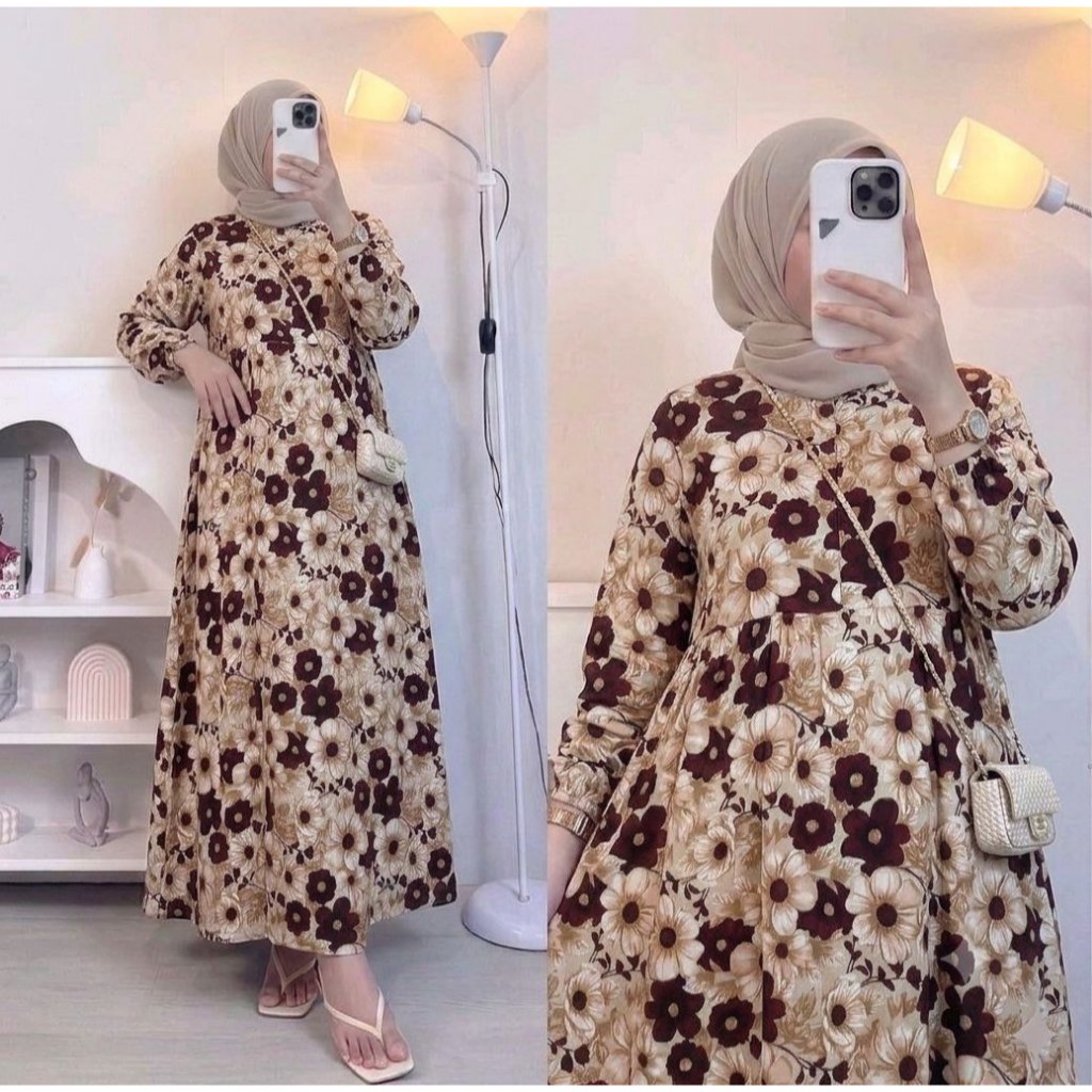 Gamis Midi Dress Rayon Premium Resleting Busui Lengan Karet Wanita Muslimah