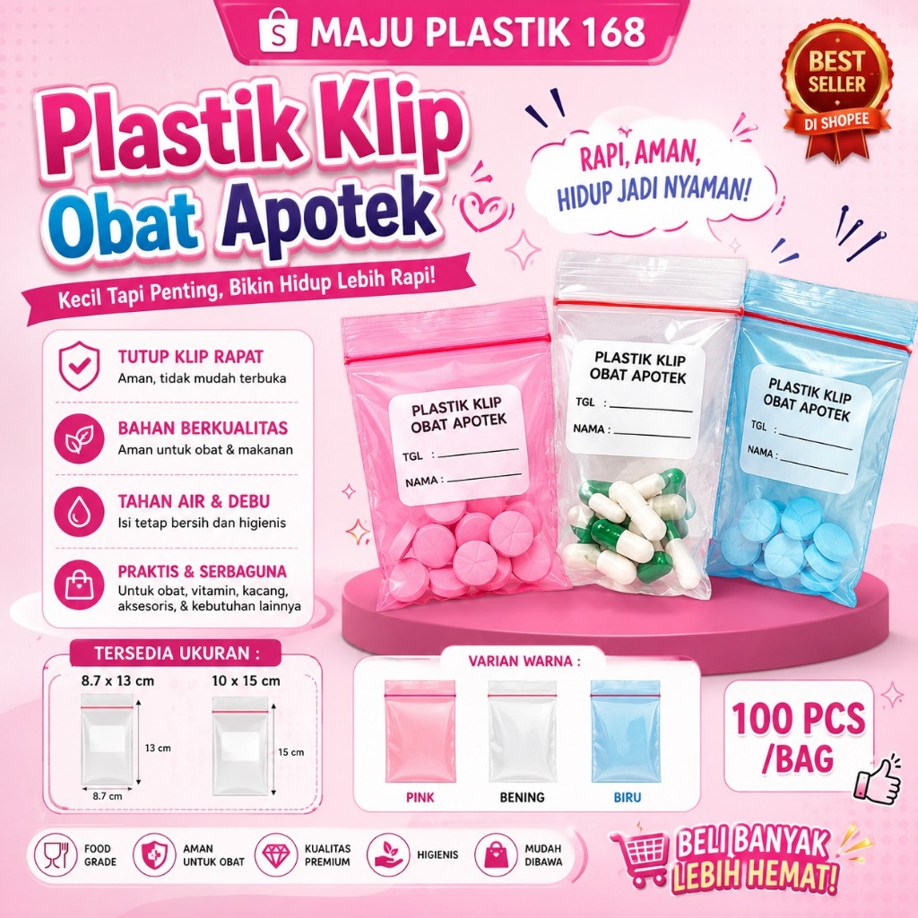 Plastik Klip Obat Apotek Pink-Biru-Bening 100 Pcs - Kantong Obat Ziplock Mini Tebal Kuat Kemasan Pil