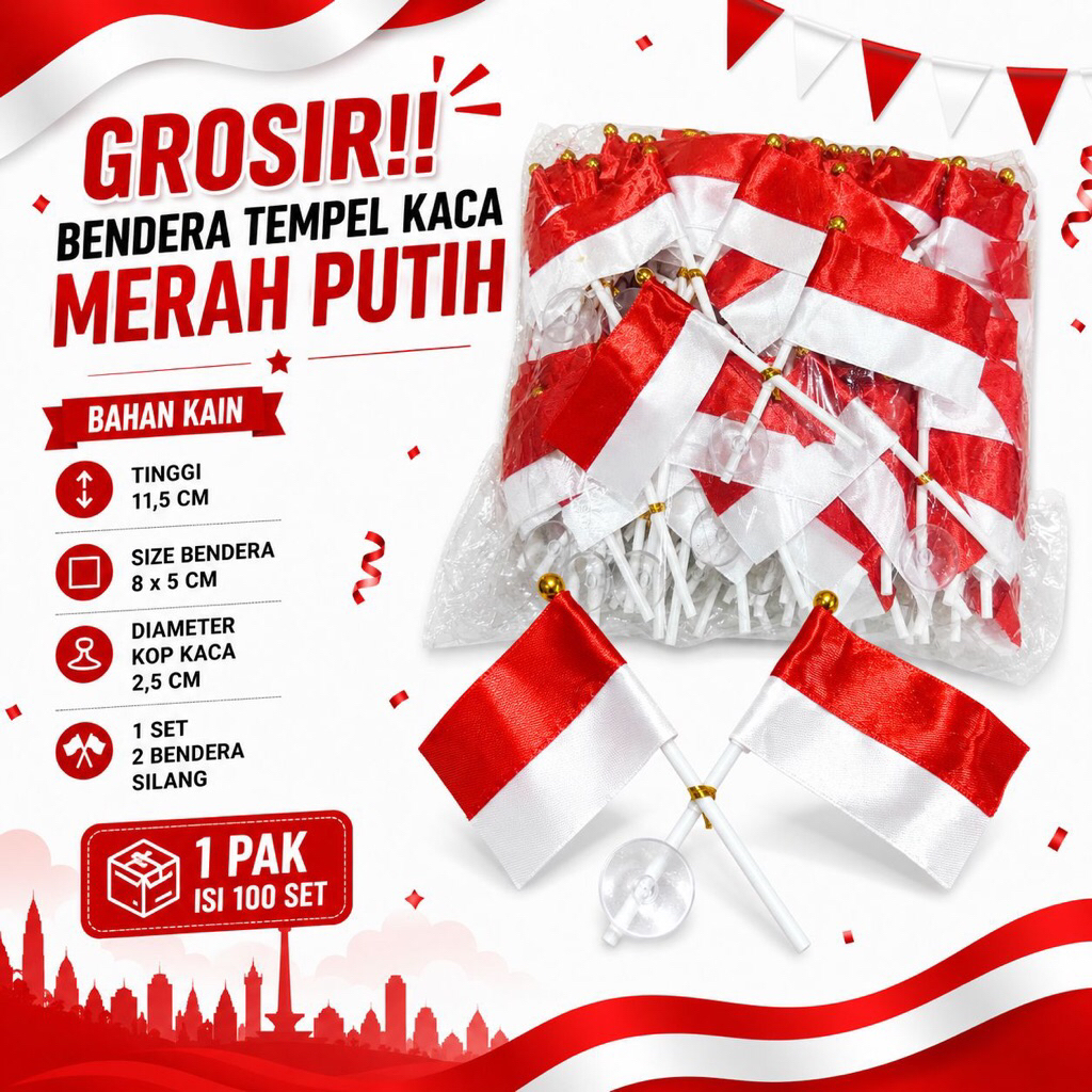 (100 Pcs) GROSIR Bendera Merah Putih Tempel | Bendera Tempel Kaca | Bendera RI | Bendera Tempel Mera
