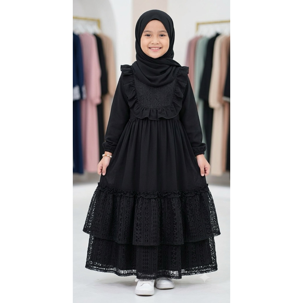 gamis muslim hitam dan putih untuk anak perempuan bahan ceruty mix brokat mulai 6 thn-13 thn,dilengk