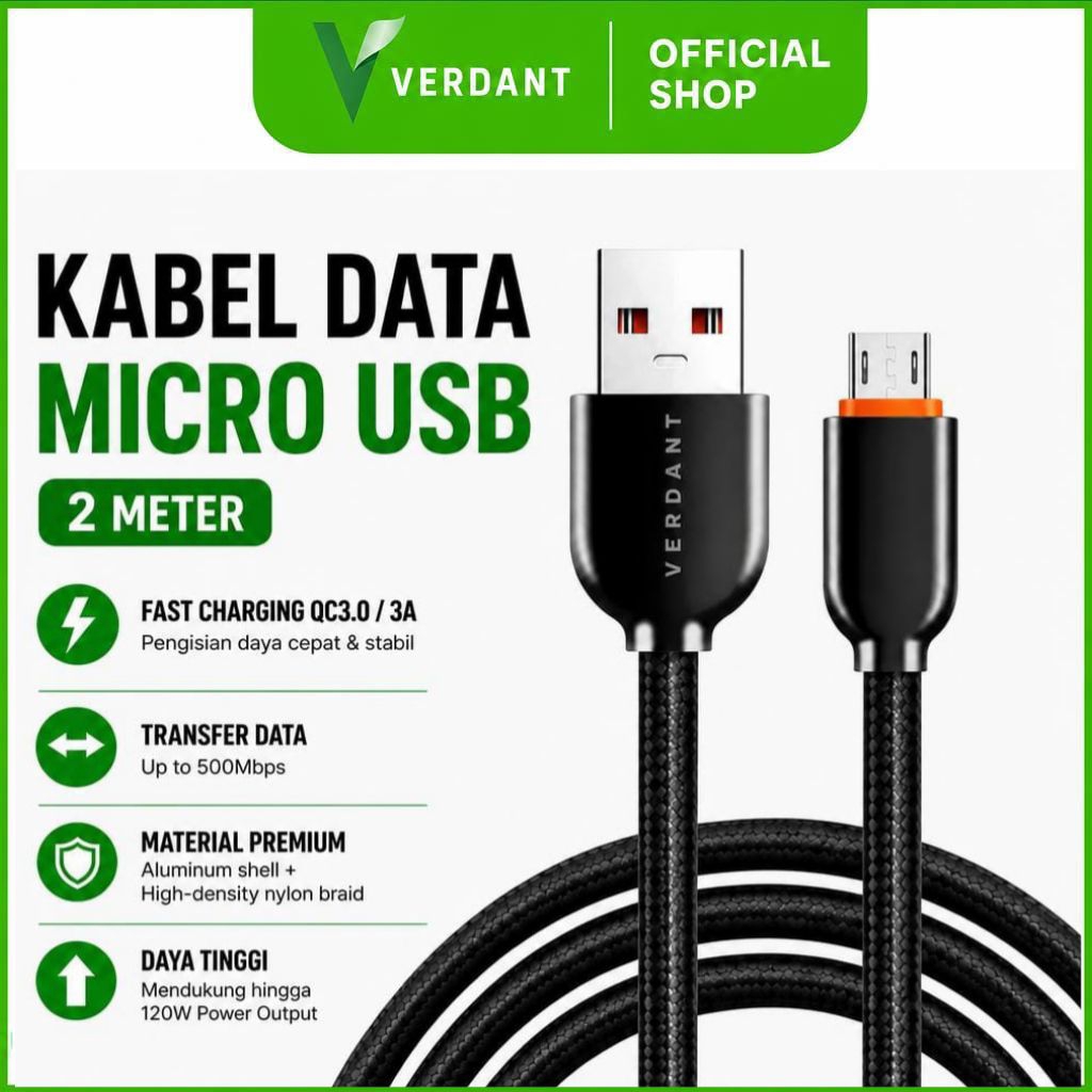 KABEL DATA USB MICRO, TYPE C, LIGHTNING CABLE 3A QC3.0 SUPER FAST CHARGING 120W BY VERDANT