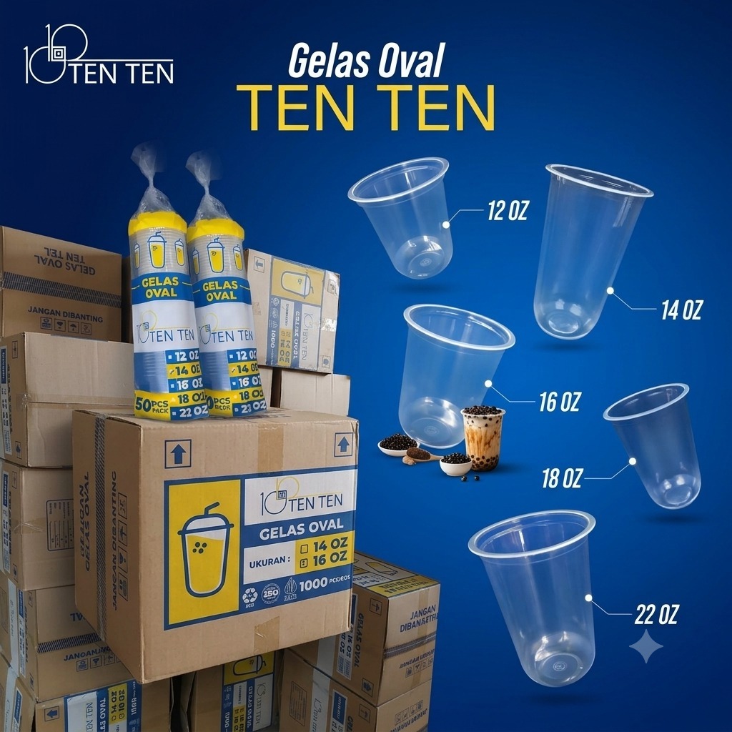GROSIR 1 DUS 1000 PCS GELAS OVAL U CUP BULAT PLASTIK 12 OZ 14 OZ 16 OZ 18 OZ 22 OZ