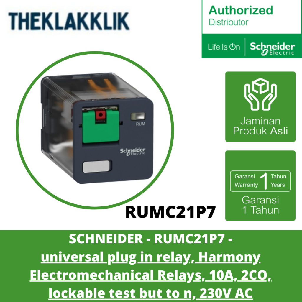 SCHNEIDER - RUMC21P7 - Universal plug i relay, Harmony Electromechanical Relays, 10A - 2CO Lockable 