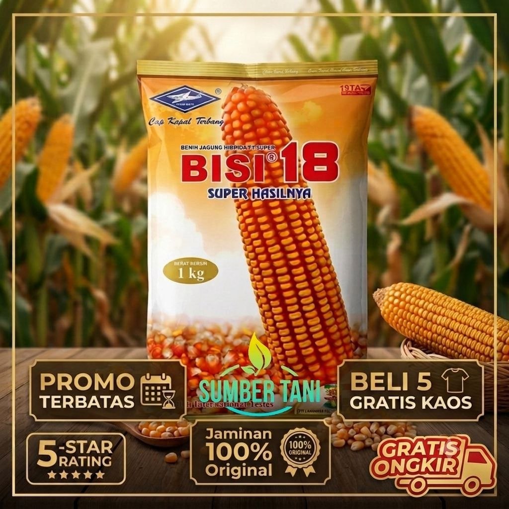 Biji Jagung Hibrida Bisi 18 1kg - Tahan Bulai (Beli 5 Gratis Kaos)