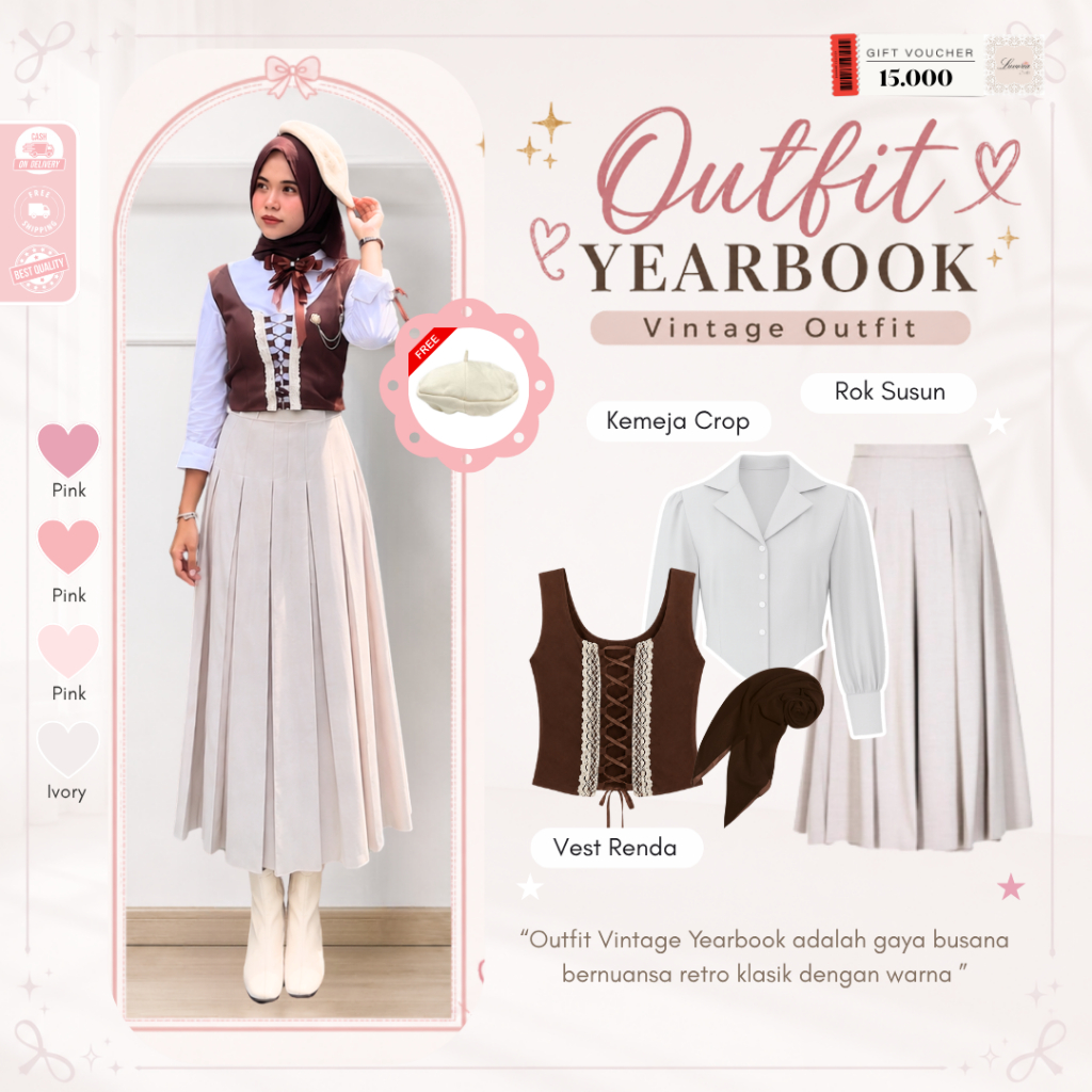 Dark Academia Outfit |( Bella Square + Vest Renda + Kemeja Crop + Rok Rempel ) Dark Academia Outfit 