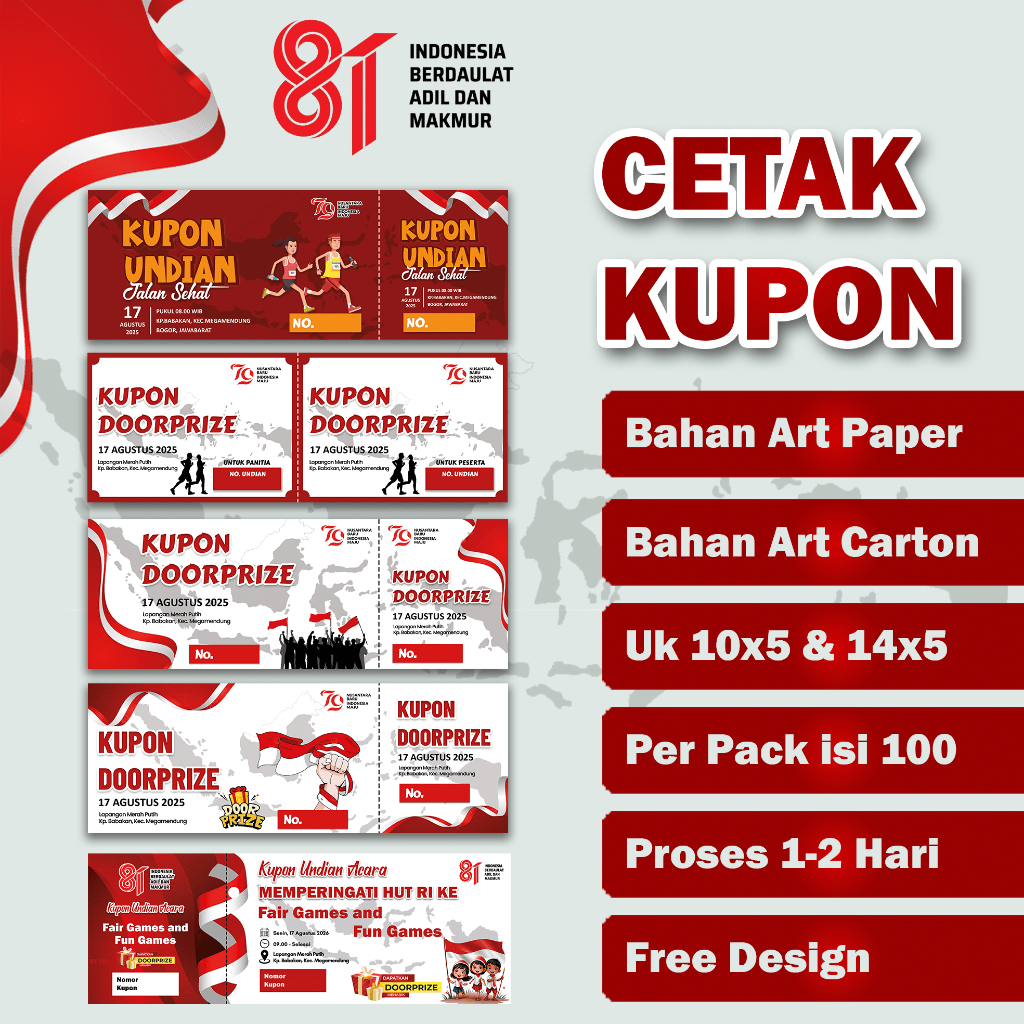 Cetak Kupon Agustusan, Kupon Doorprize, Kupon jalan sehat isi 100pcs (Free Design)