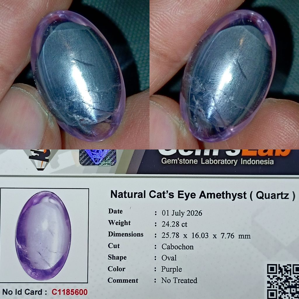 NATURAL CAT'S EYE AMETHYST QUARTZ 24.28 CARAT BIG SIZE PURPLE OVAL CABOCHON NO TREATED MEMO GLI LAB