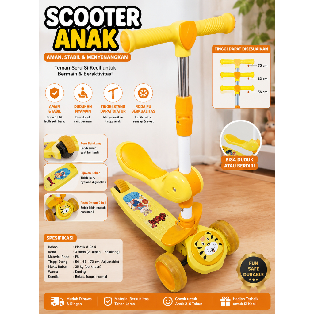 Mainan Scooter Anak 3 Roda Bisa Duduk Adjustable Otoped Sepeda Skuter Anak 2 in 1 Second