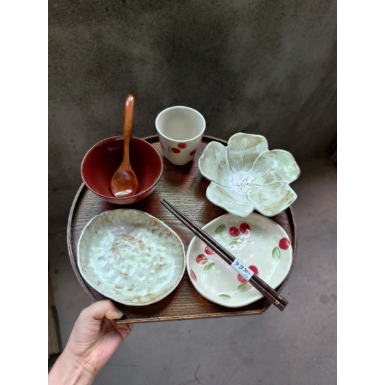 Set Piring Mangkuk Makanan Keramik Motif Bunga dan Ceri Warna Merah Krem