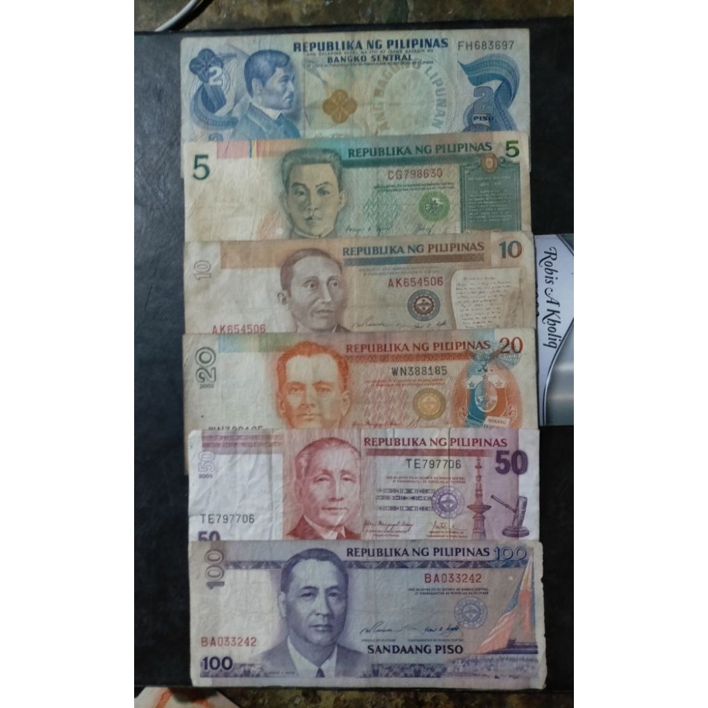 set uang piso pilipina 2 piso 10 piso 50 piso 100 piso pilipina jelek