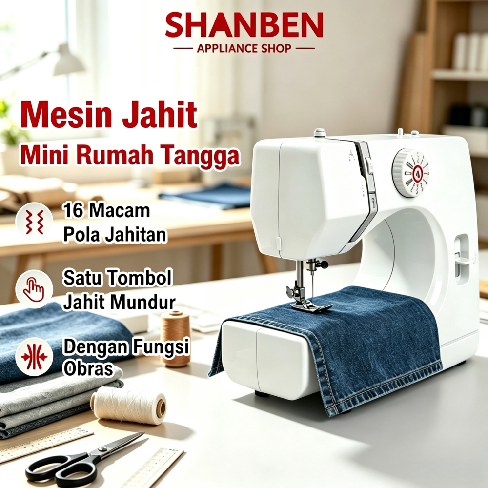 SHANBEN Mesin jahit rumahan, 12 macam pola jahitan, kecil, mini, portabel, dengan fungsi obras