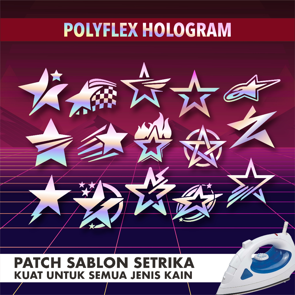 SABLON Setrika POLYFLEX HOLOGRAM ORNAMEN DESAIN BINTANG / Iron PATCH Hologram Emblem Logo Setrika / 