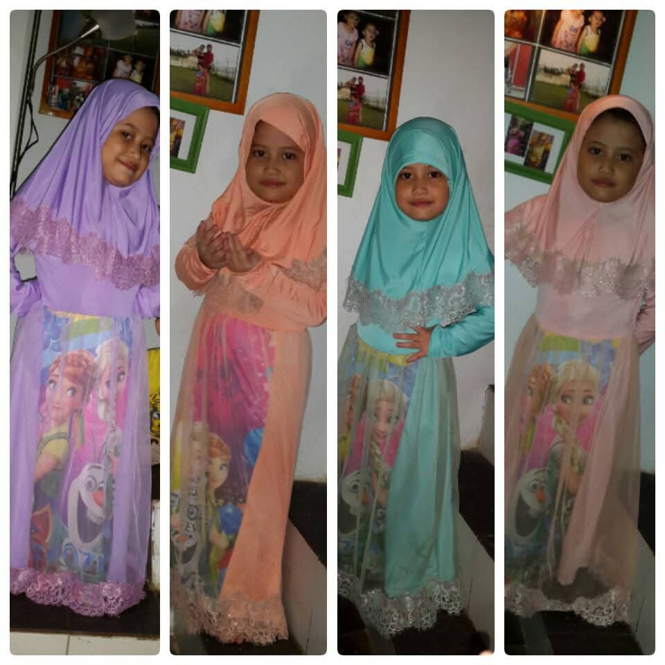 Baju Gamis Muslim Anak Perempuan + Bergo bahan Jersey edisi frozen Elsa - Anna