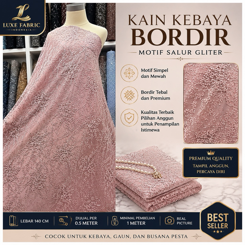 (BIG SALE) Kain Tile Bordir Gliter / Premium Embroidery Glitter Lace / Kain Meteran Mewah / Bahan Ke