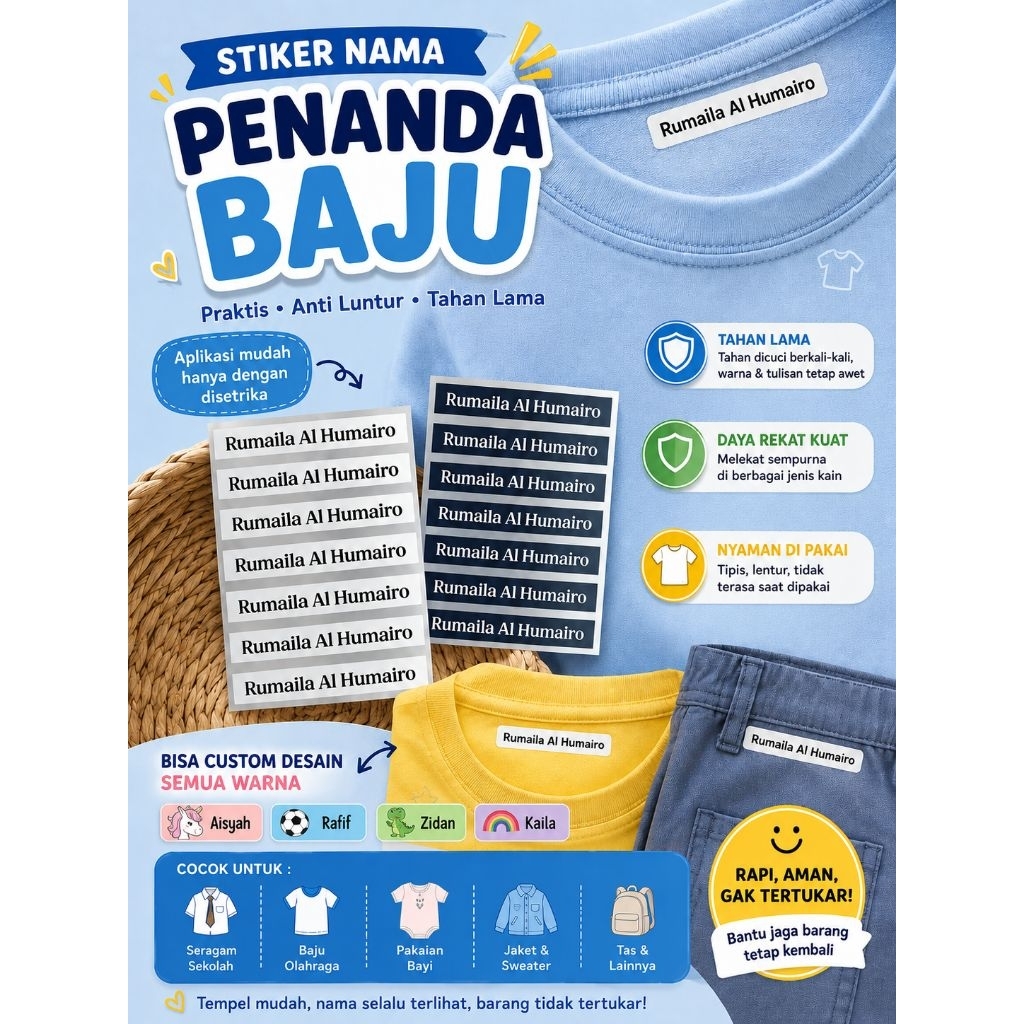 LABEL BAJU / STIKER BAJU SIAP TEMPEL / DTF NAMA UNTUK BAJU