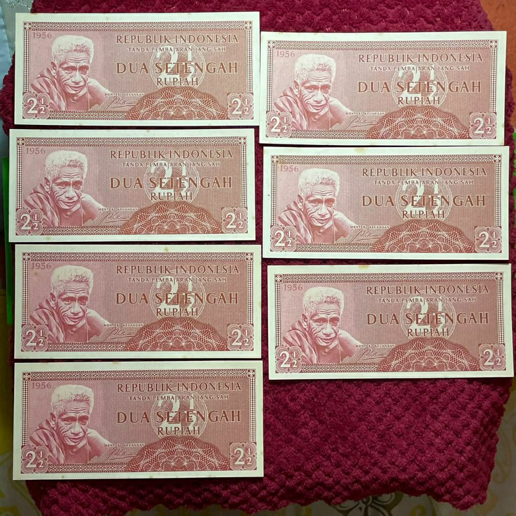 Uang Kertas Kuno 1 paket ( 7 pcs ) Republik Indonesia 2½ Rupiah 1956 Estimasi UNC