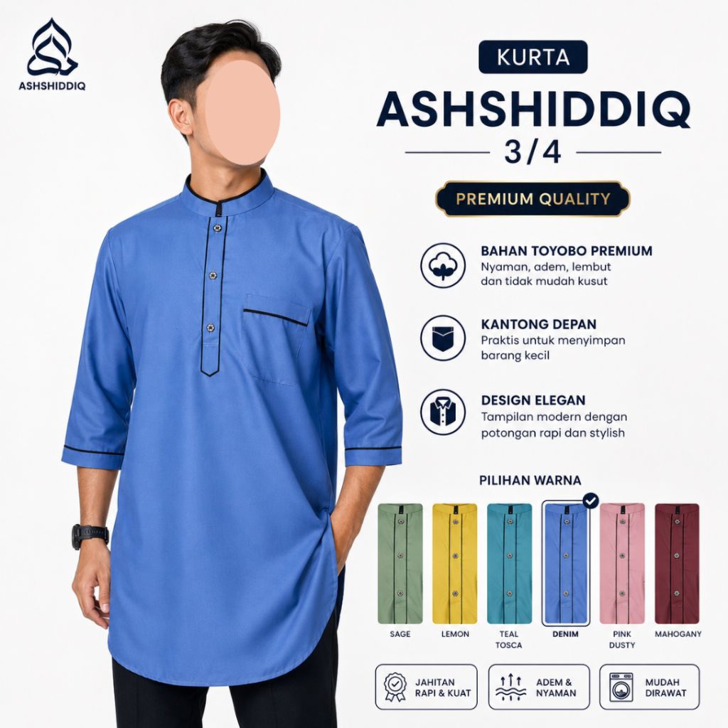 KOKO KURTA ASHSHIDDIQ - BAJU KOKO KURTA PRIA DEWASA LENGAN 3/4 WARNA MUSTARD PUTIH HIJAU BOTOL MAROO