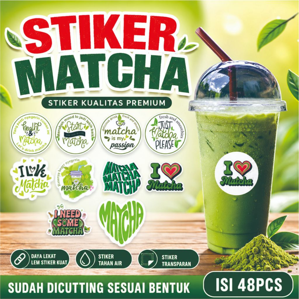 Stiker label cup minuman matcha | stiker minuman kekinian
