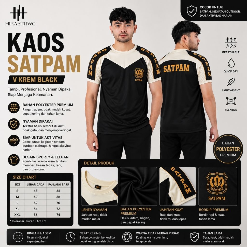 KAOS SATPAM KOMBINASI CREAM BAJU SECURITY VAVING LENGAN PENDEK HITAM TERMURAH