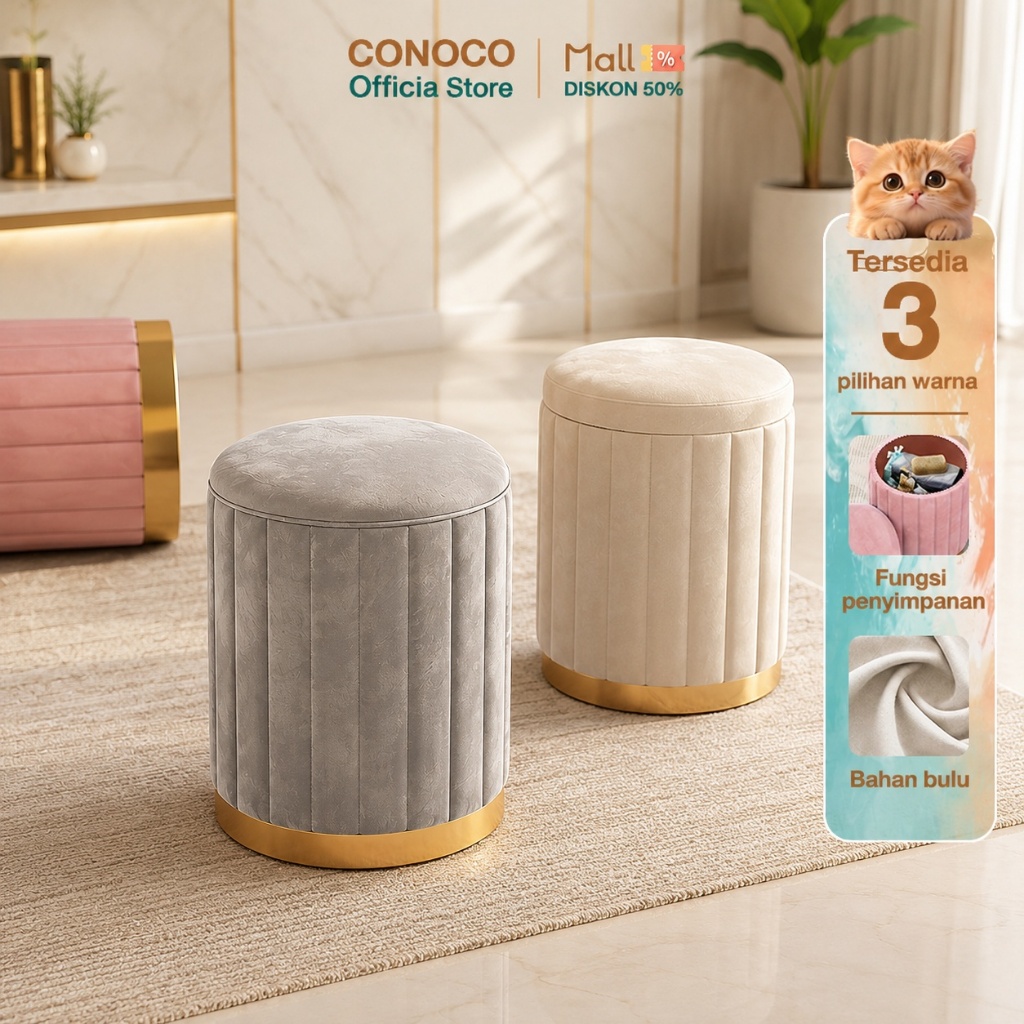 CONOCO Makeup Stool Bangku Ria Salat Makeup Kursi Estetik Kursi Bulat Merah Muda/Putih/Abu-abu