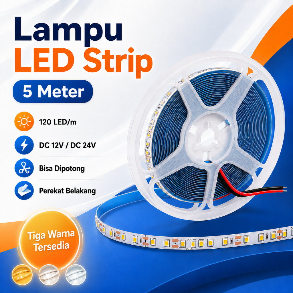 LED Strip 12V 5M 2835 120LED/m 3 Warna 3000K/4000K/6000K, Perekat Kuat untuk Rumah, Mobil, Kabinet &