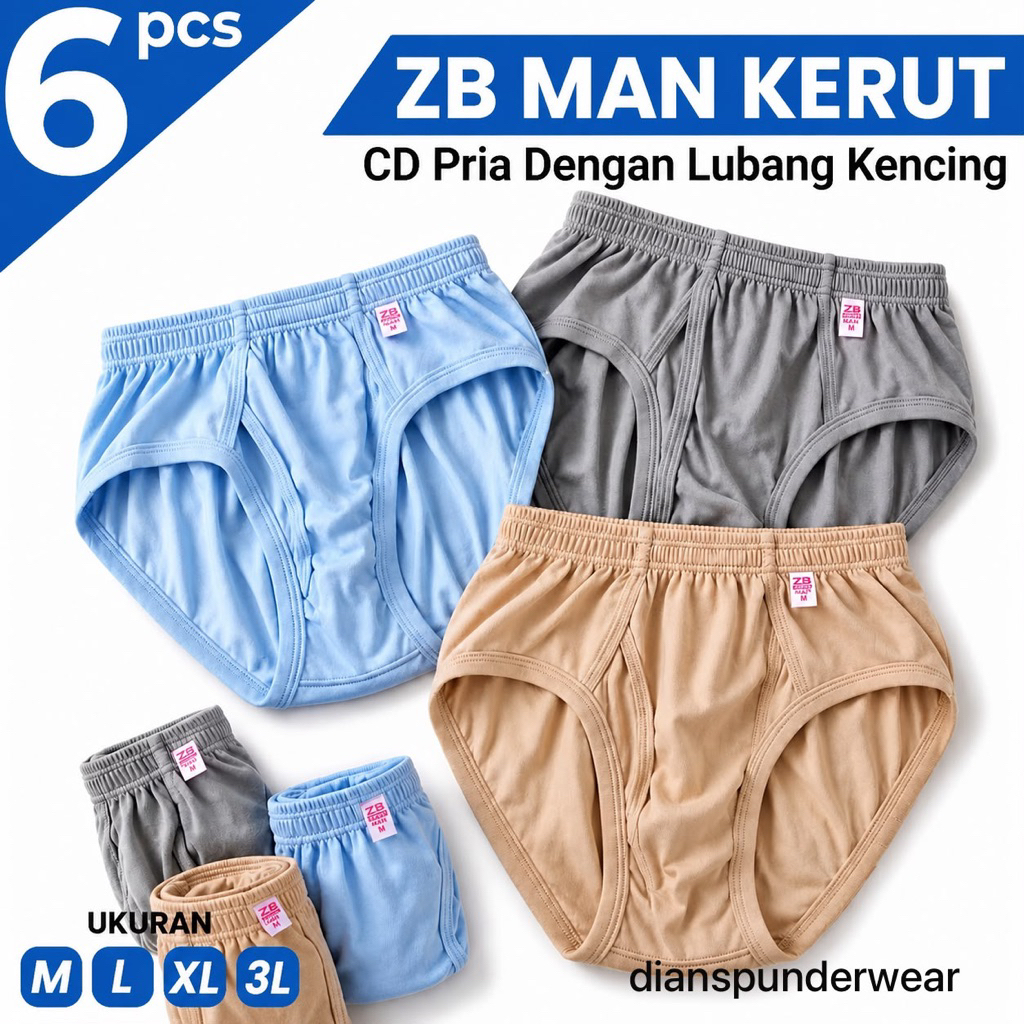 ( 6pc ) CD ZB Man Kerut | Celana Dalam Pria ZB-Man Karet Kerut | CD Pria Jumbo