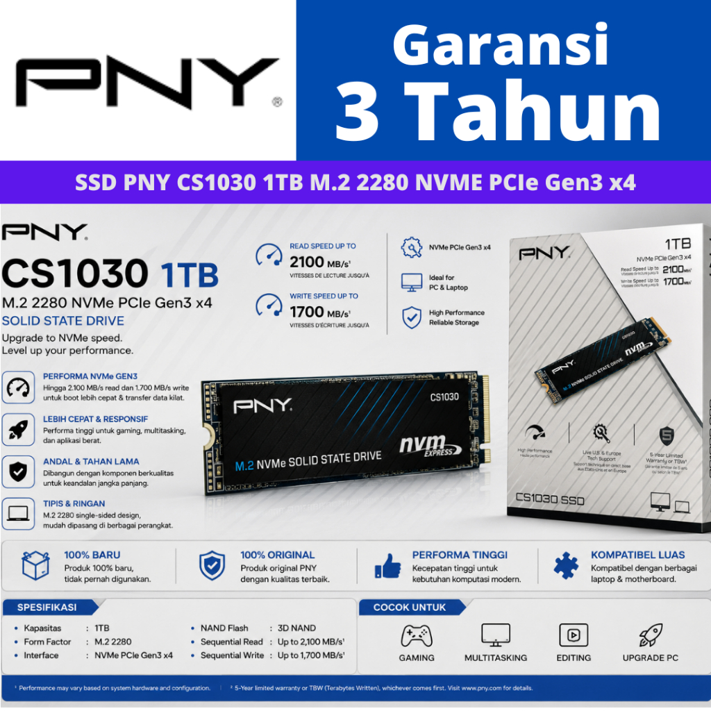 SSD PNY CS1030 1TB M.2 2280 NVMe PCIe Gen3 x4 Hitam, Performa Tinggi, Garansi 3 Tahun