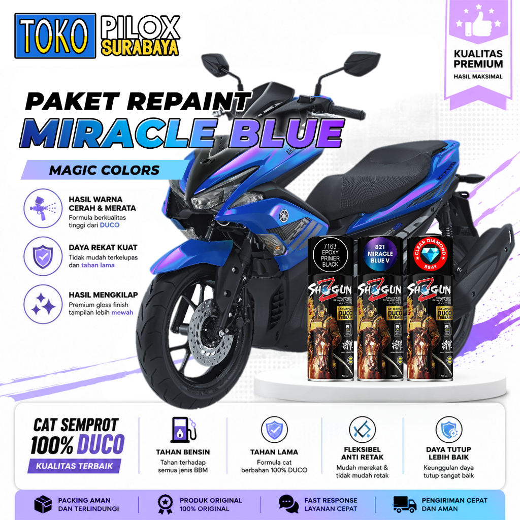 Paket Cat Semprot Duco Biru Bunglon Violet Biru Ungu - Shogun Z Duco Miracle Blue 821 - Cat Otomotif