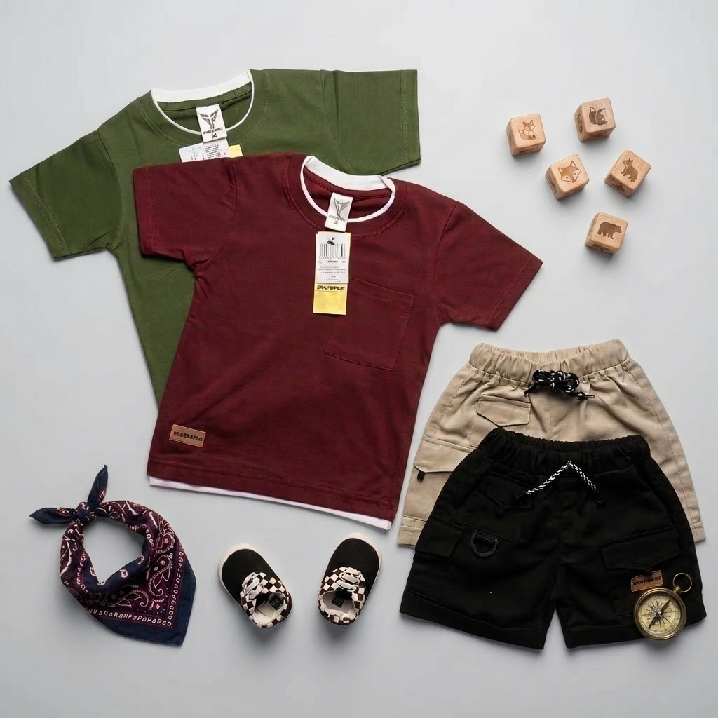 BRAVEKIDS FASHION TWO LAYER SETELAN ANAK 1-5 TAHUN, TSHIRT KATUN 24s & CELANA CARGON UNION DRILL, BA