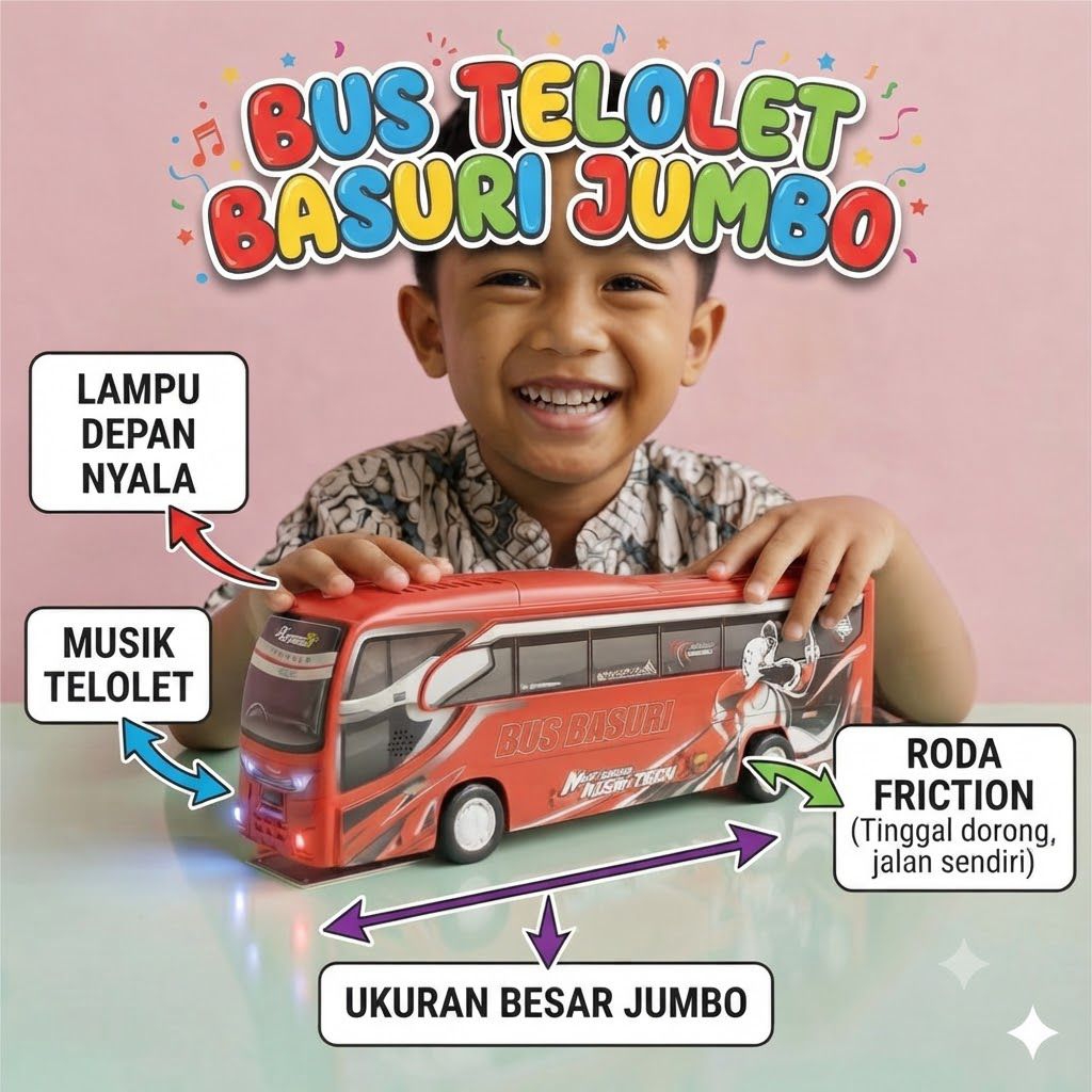 Mainan Bis Basuri Telolet Ukuran Besar Lampu dan Musik Nyala, Mainan Bus telolet, Mainan Bis Murah