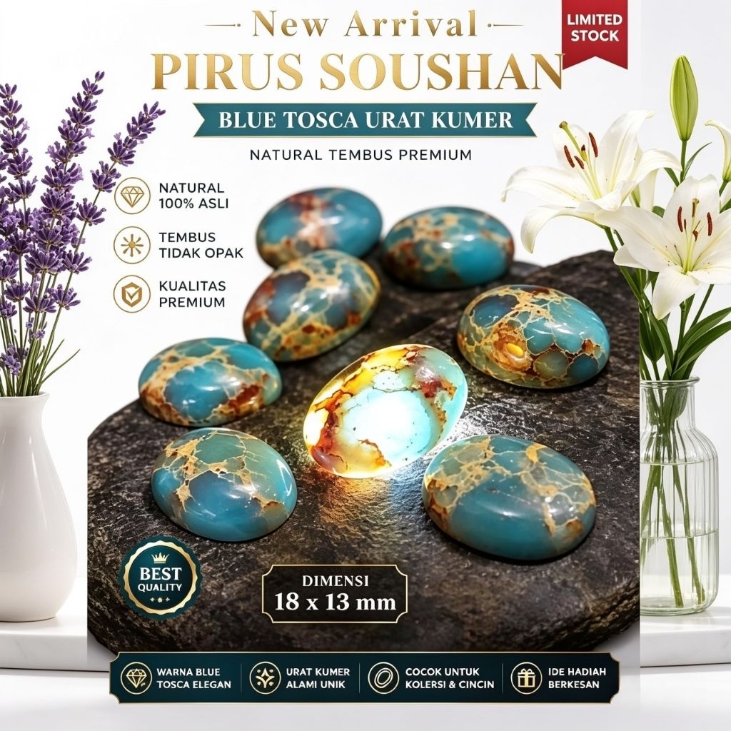 Batu Akik Lepasan Pirus Soushan Blue Tosca Urat Kumer Natural 18x13 mm Terbaru