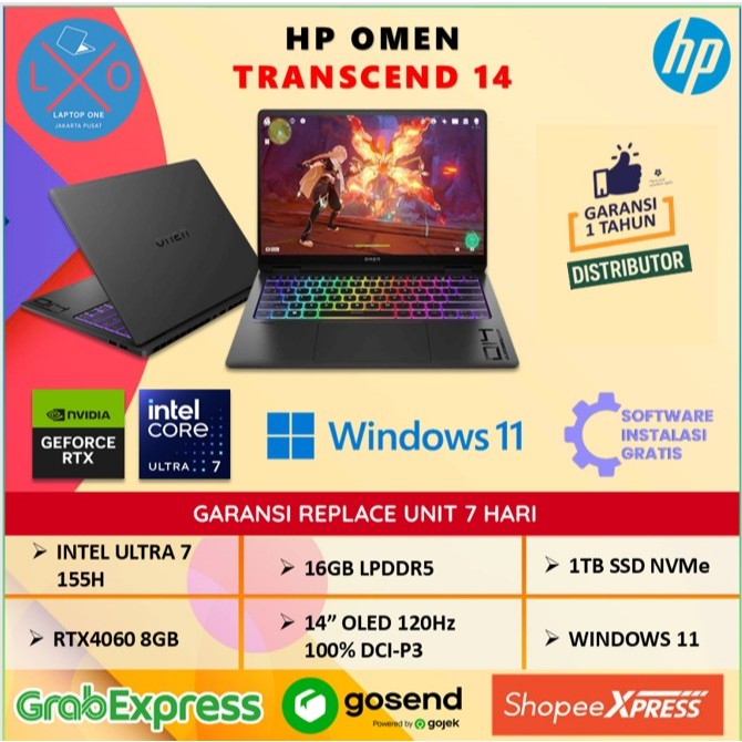 HP Omen Transcend OLED RTX4060 8GB Intel Ultra 7 155H 16GB 1TB 14" 2.8K OLED 100% DCI-P3 Windows 11