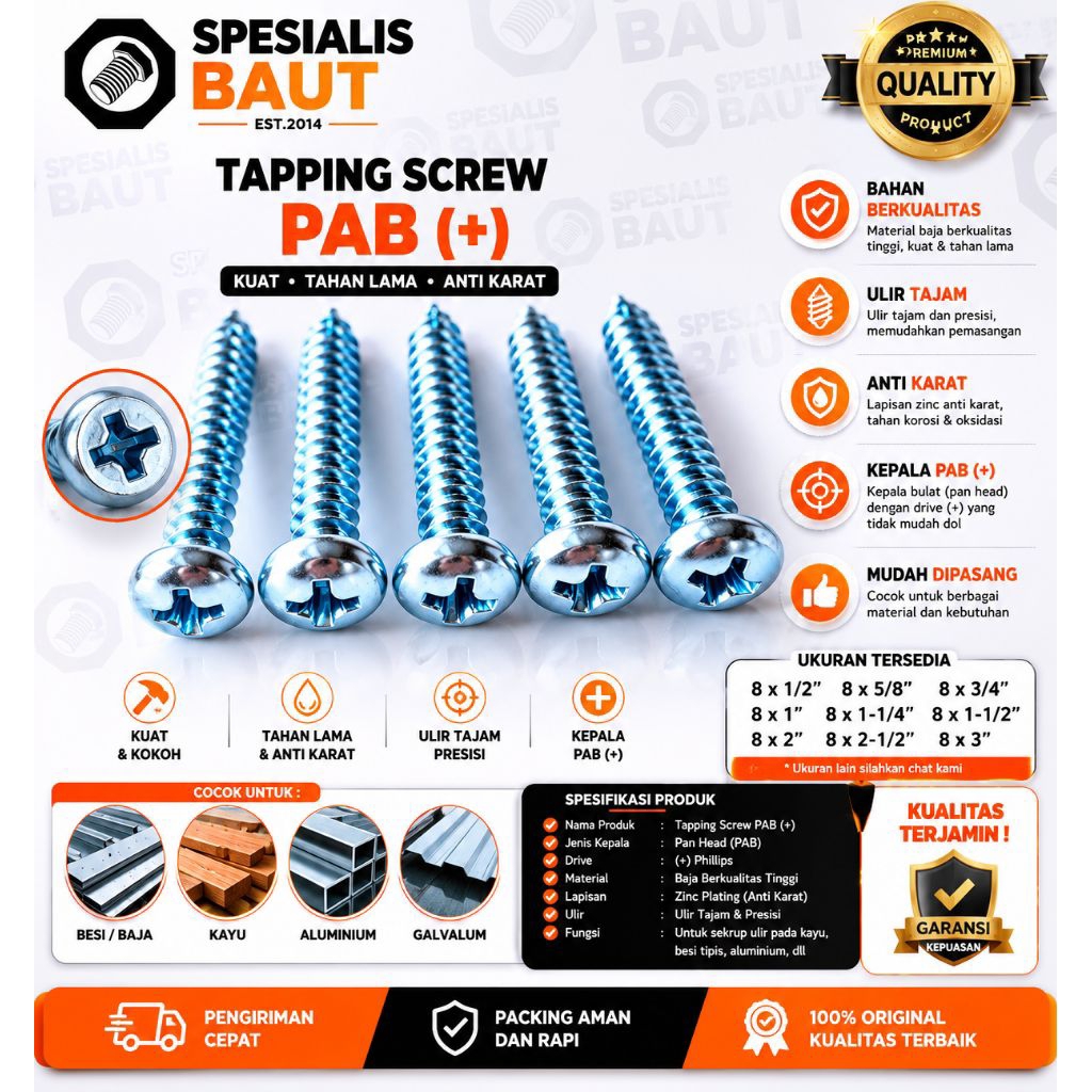 Sekrup PAB #8x2 (5 cm) PH (+) Tapping Screw