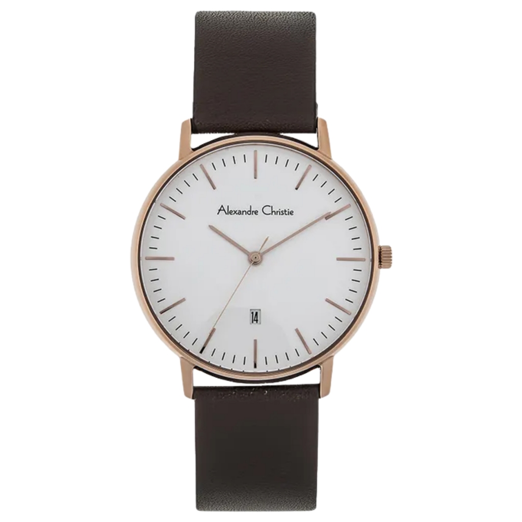 Galery Jam Tangan Alexandre Christie AC 8420 MD White Dial Brown Leather Strap