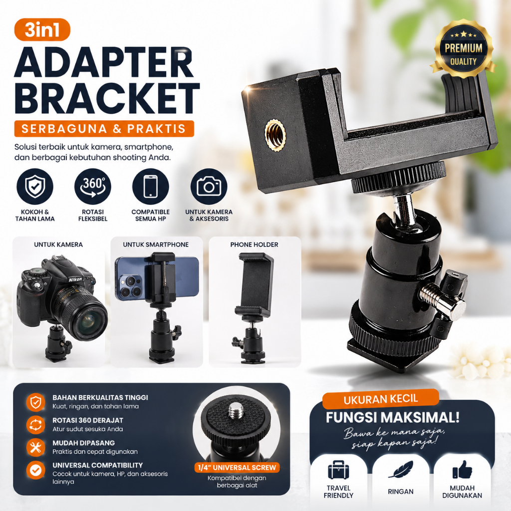 NEW Ball Head Hotshoe Holder QM3621 Rotasi 1/4 Tripod Kamera Hot Shoe baut Quick Release 360