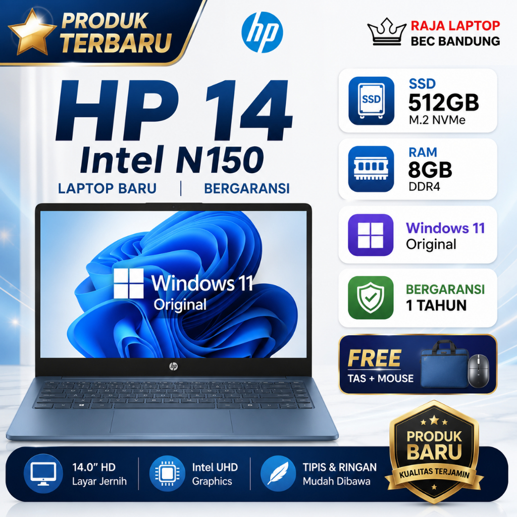 Laptop HP 14 Intel N150 RAM 8GB SSD 512GB Windows 11 Original 14" Laptop Baru Bergaransi