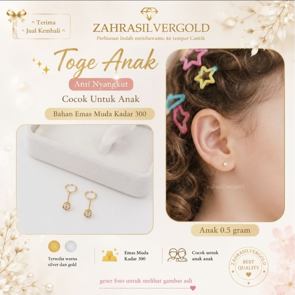 Anting Toge Emas Asli Kadar 300 Berat 0.5 Gram