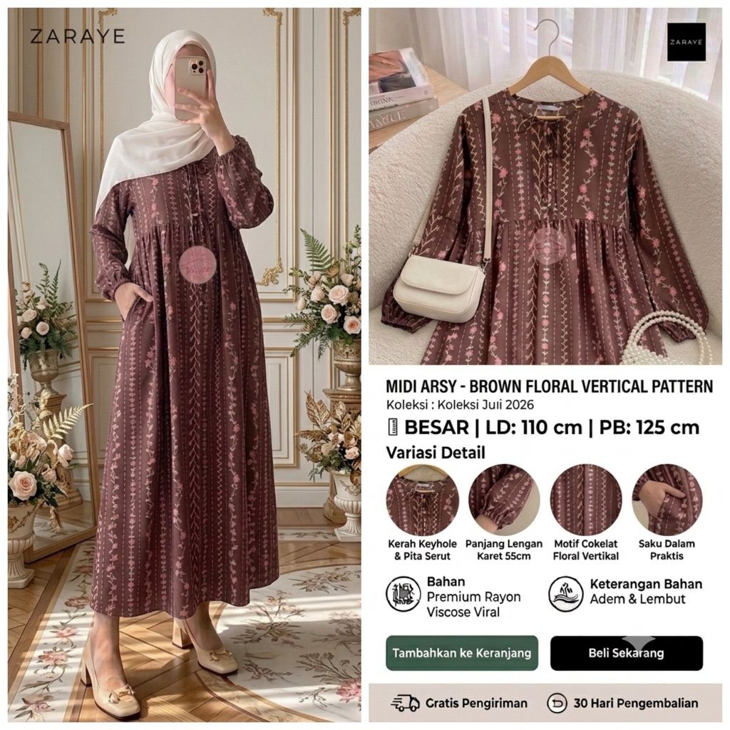 Midi Dress Arsy Gamis Rayon Wanita Motif Premium Bahan Viscose Adem Busui Friendly Jumbo Warna Dark 