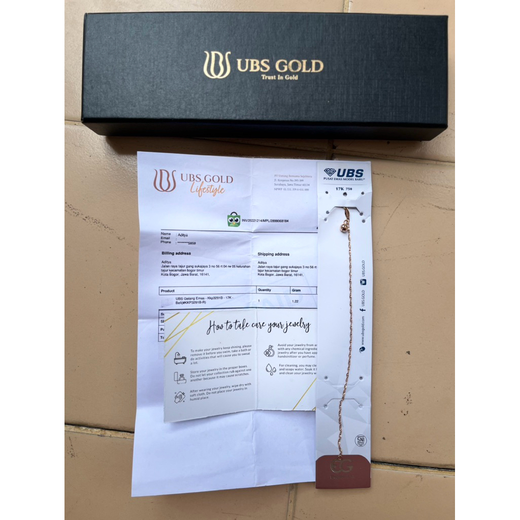 UBS gelang emas 17k Rose gold bell lonceng