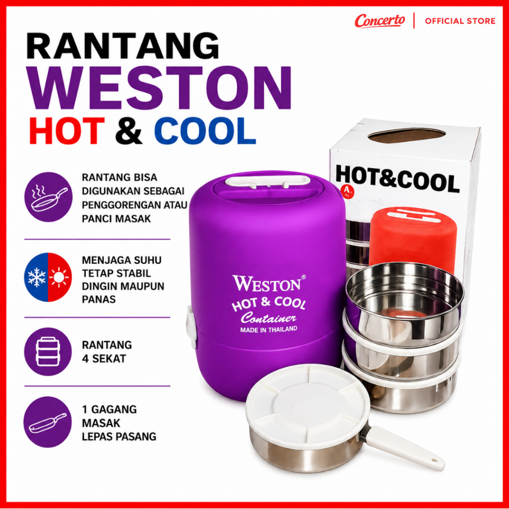 Rantang Weston Hot & Cool 4 Sekat Stainless Steel, Penggorengan & Panci, Made In Thailand