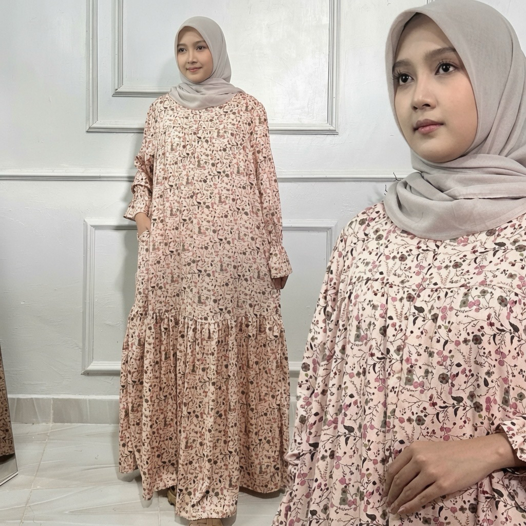 Gamis Motif Rayon Premium Dress Busui Motif Bunga Bahan Rayon Premium