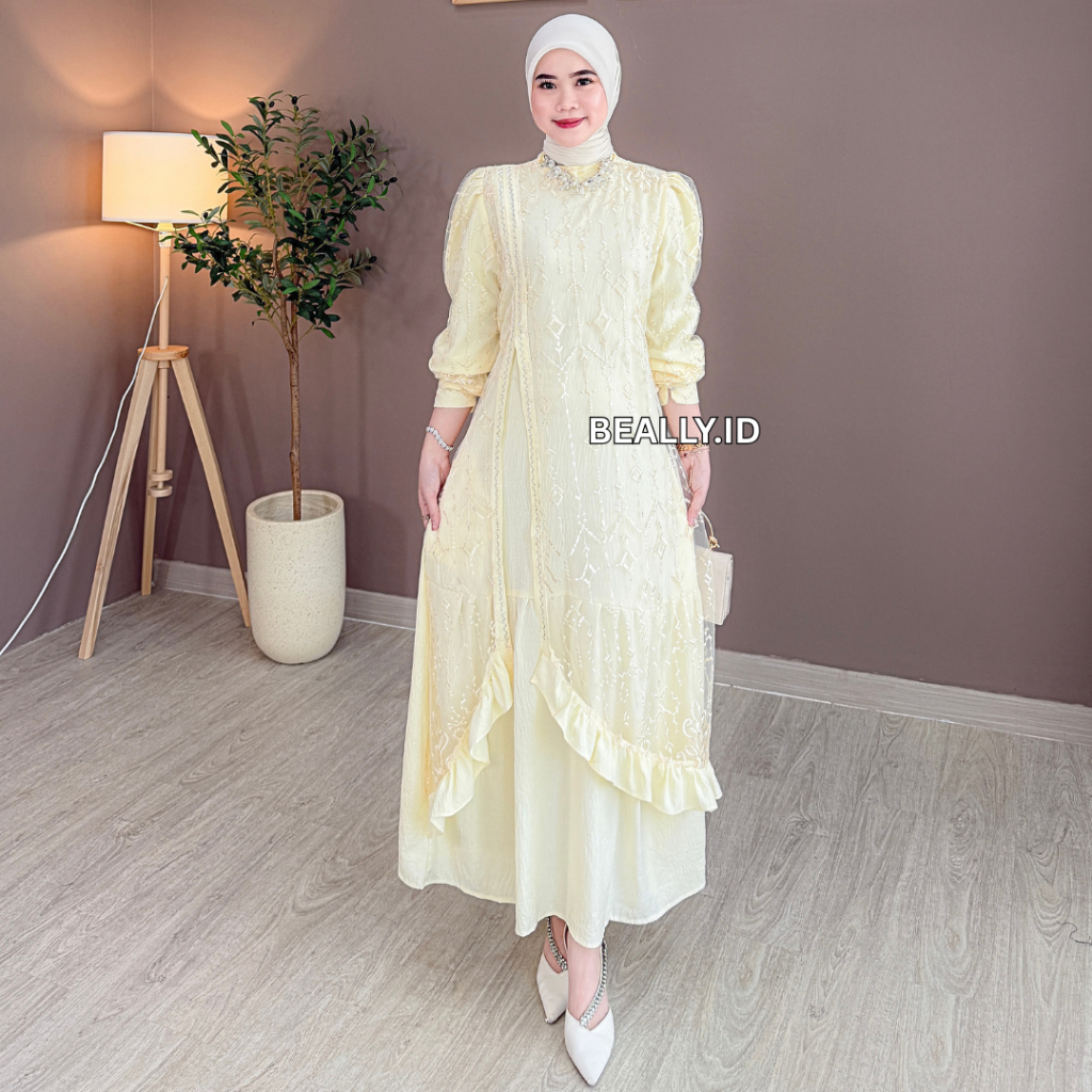 Dress Bianca Tille Brukat Wanita Mewah | Gamis Crinkle mix Brukat Kondangan Lebaran Kekinian