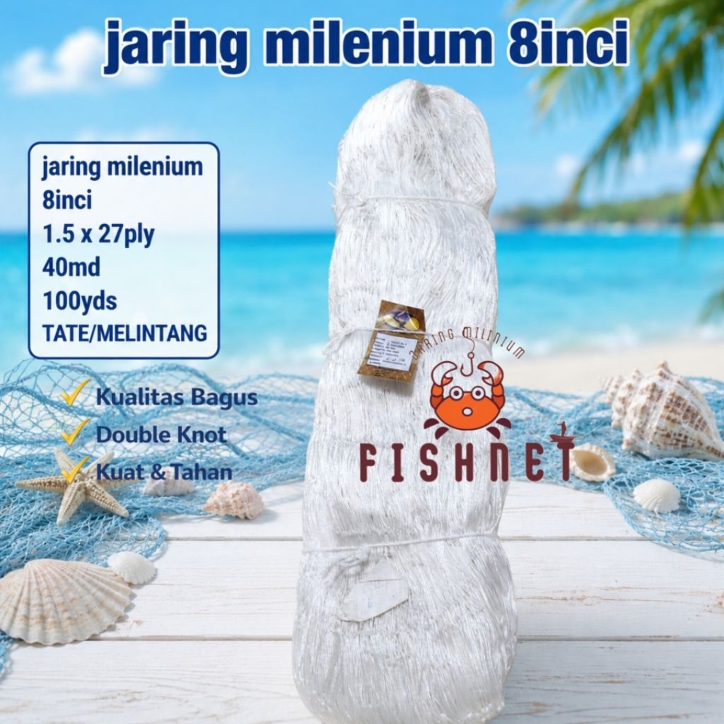 jaring milenium/jaring pintal/jaring ply/8inci 27ply 40md 100yds tate